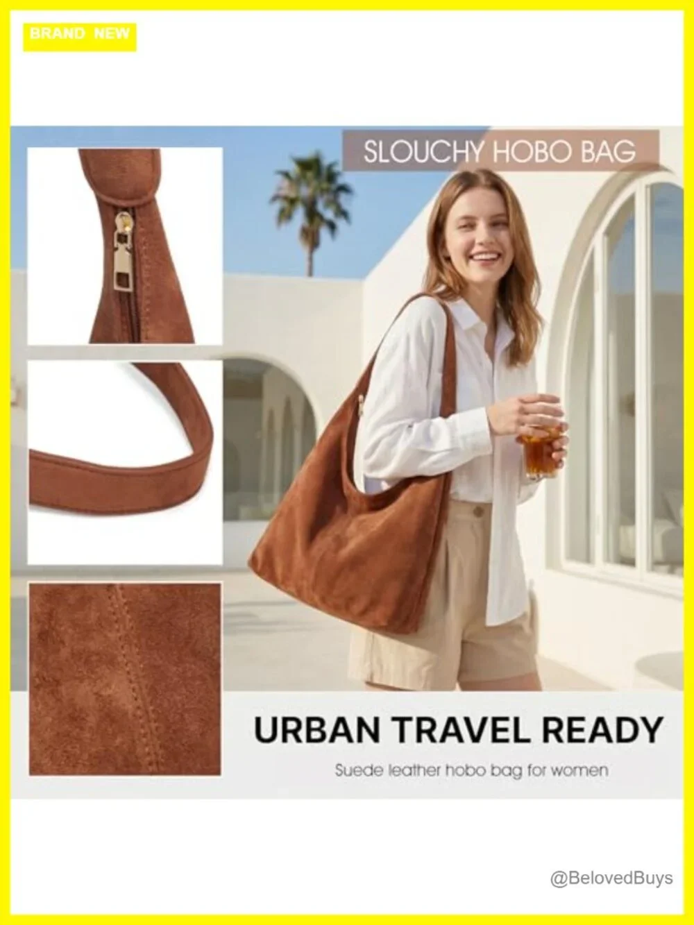 Faux Suede Slouchy Hobo Bag with Removable Pouch Cresent Tote Shoulder Purse